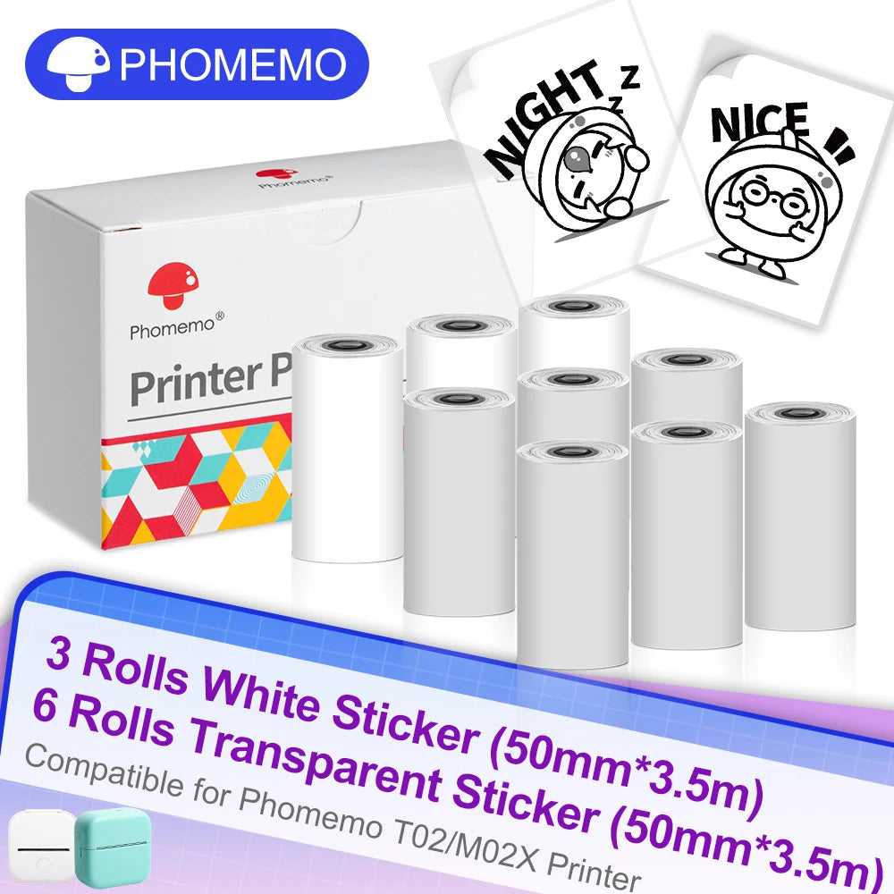 6 Rolls Phomemo Thermal Paper Adhesive Sticker DIY label Sticker Thermal Paper for T02 M02X Mini Portable Thermal Printer