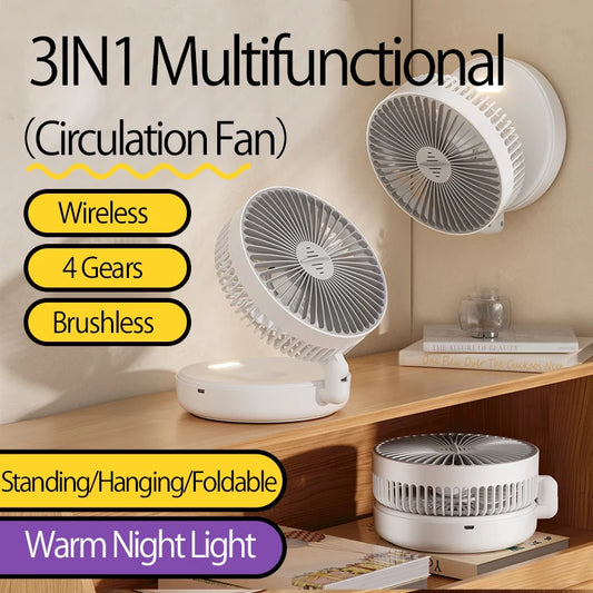 2024 New 5000mAh Rechargeable Table Fan Portable Air Conditioner Wall Mounted Fan 90° Folding Fan 4 Gears with Warm Night Light