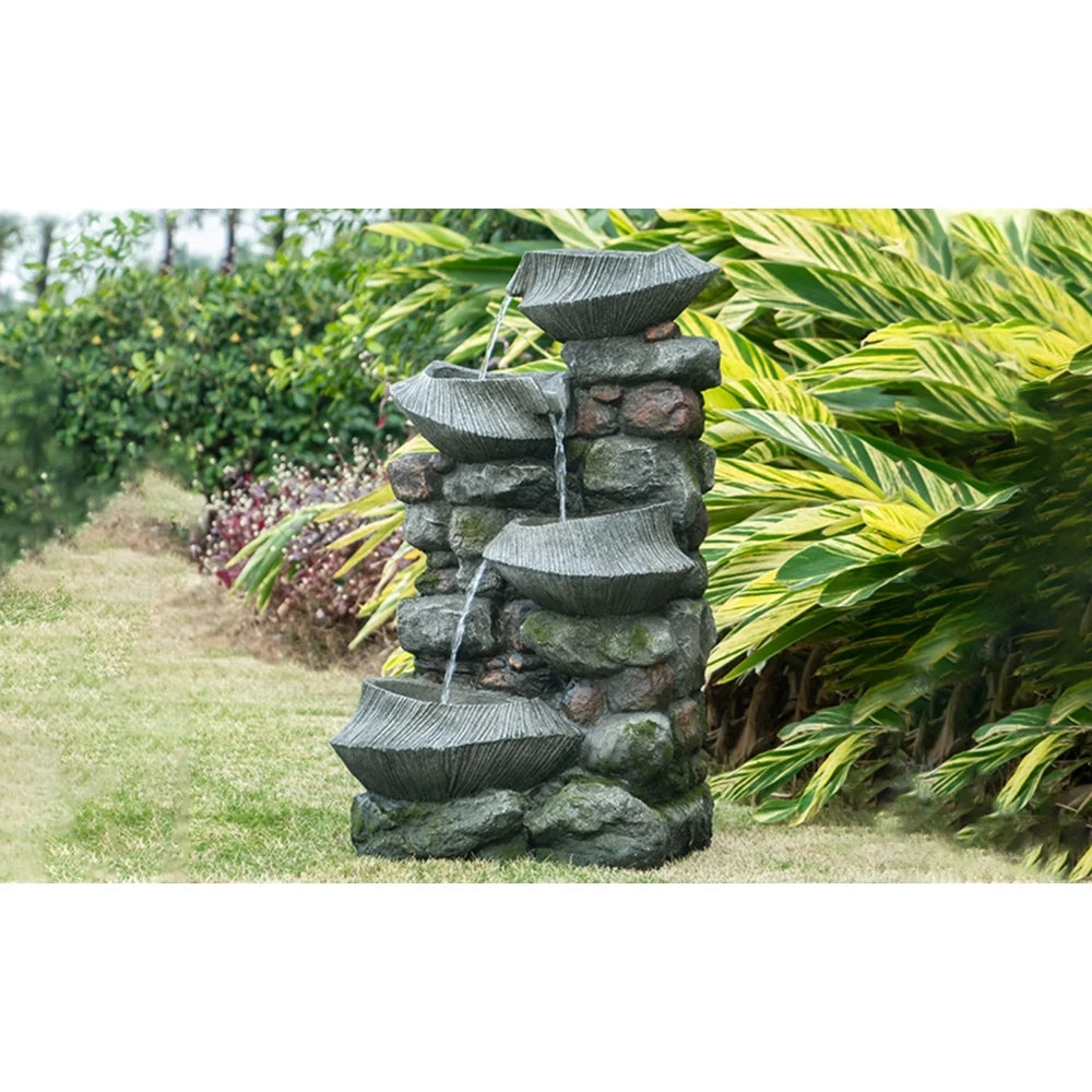 19x15x31.5" Indoor Outdoor Stone Water Fountain,  4-Tier Polyresin Cascading Rock Bowl Freestanding Fountain with LED Ligh