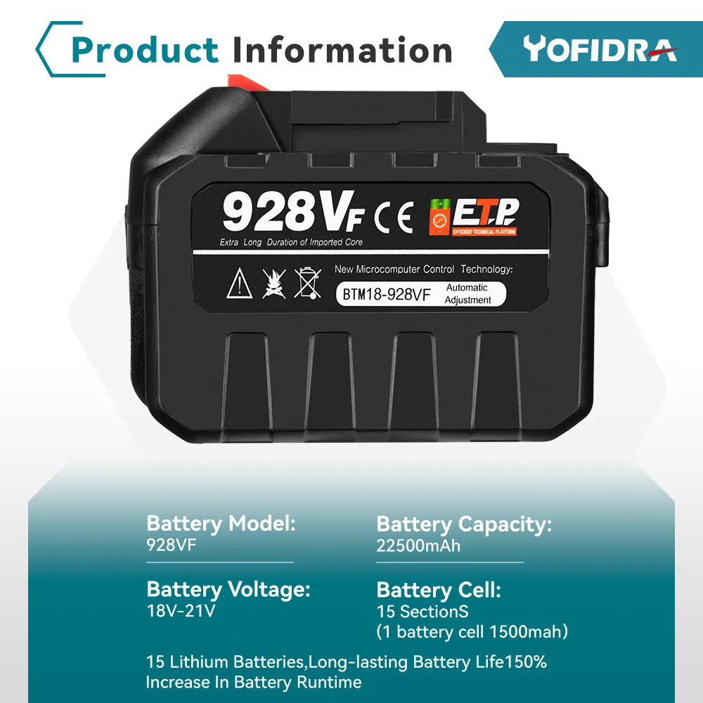 20V Rechargeable Lithium Battery EU Plug 15000mAh.928VF 22500mAh.Battery Capacity Indicator.for Chainsaw Electric Drill