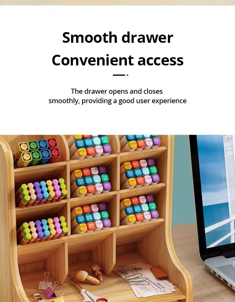 1pc Wooden Desk Organizer Multi-Functional DIY Pen Holder Storage Box Desktop Stationary Storage Rack for Home Office and School