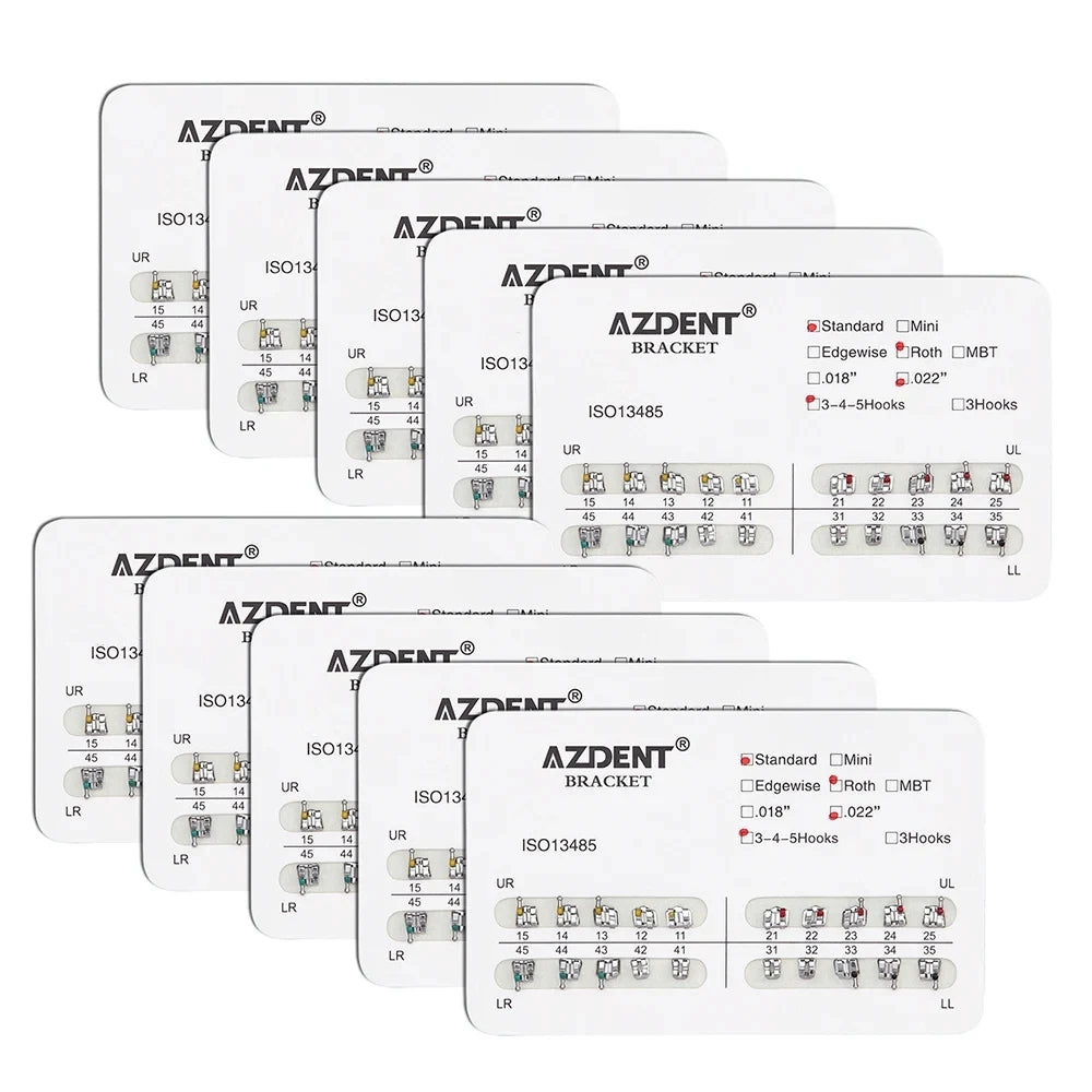 AZDENT 10Packs Dental Brackets Orthodontic Brace Metal Mini Standard Roth MBT Slot 0.022 0.018 Hooks 3-4-5 20pcs per Pack