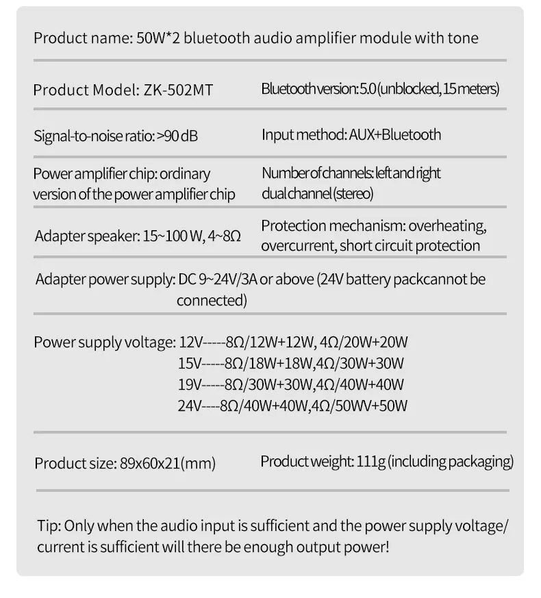 ZK-502MT Bluetooth 5.0 Subwoofer Amplifier Board 2.0 Channel High Power Audio Stereo Amplifier Board 2X50W Bass AMP