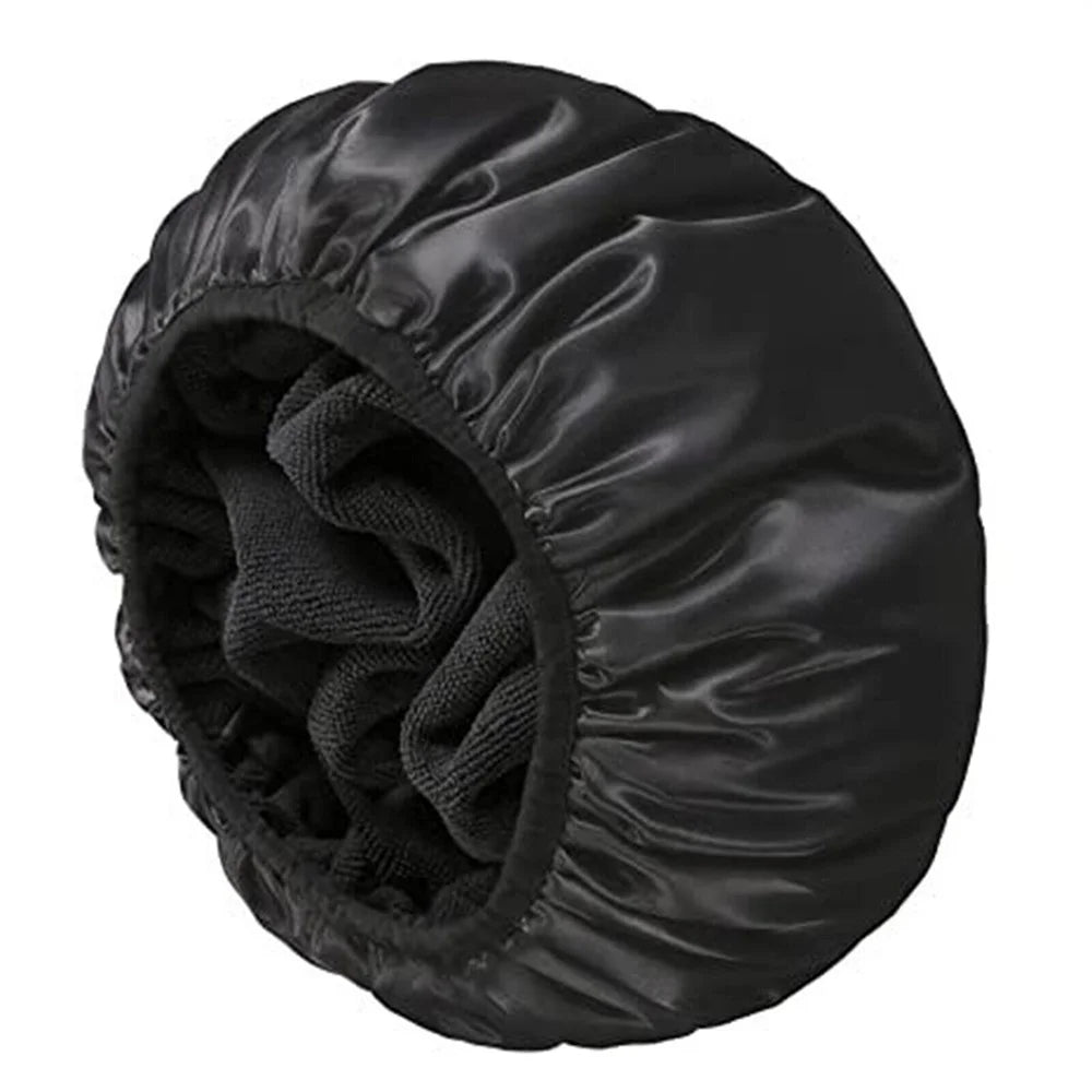 Adjustable Double Layer Satin Bonnet Nightcap Doubleside Women Round Shower Caps Night Sleep Polyester Hat Solid Black Lining