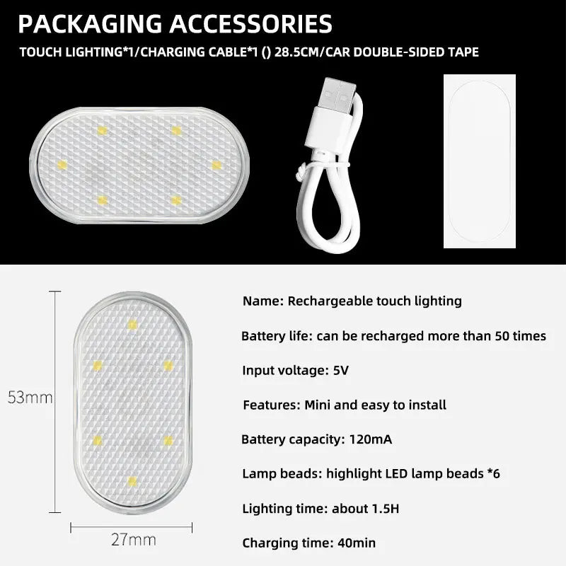 Car Interior Dome Light Finger Touch Sensor Mini LED Reading Lamp Car Roof Magnets USB Charging Atmosphere Lamp