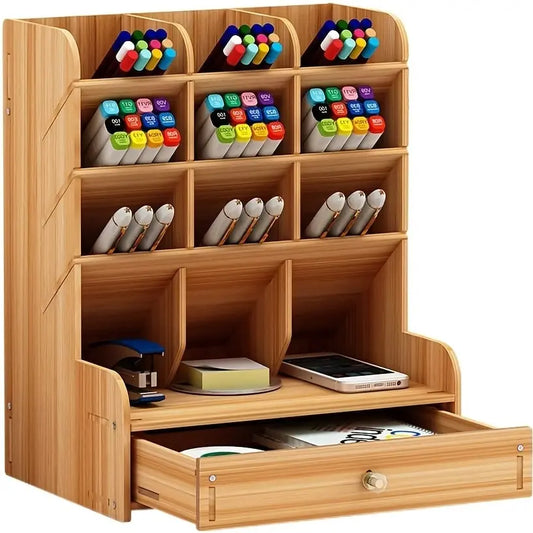 1pc Wooden Desk Organizer Multi-Functional DIY Pen Holder Storage Box Desktop Stationary Storage Rack for Home Office and School