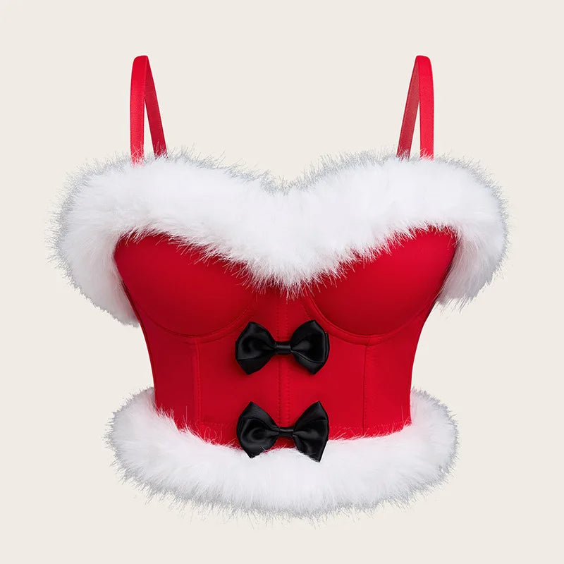 Christmas Sexy Strapless Bow Villus Bra Tops Push Up Bralet Women's Tube Top Corset Bustier Bra Club Party Crop Top Lingerie