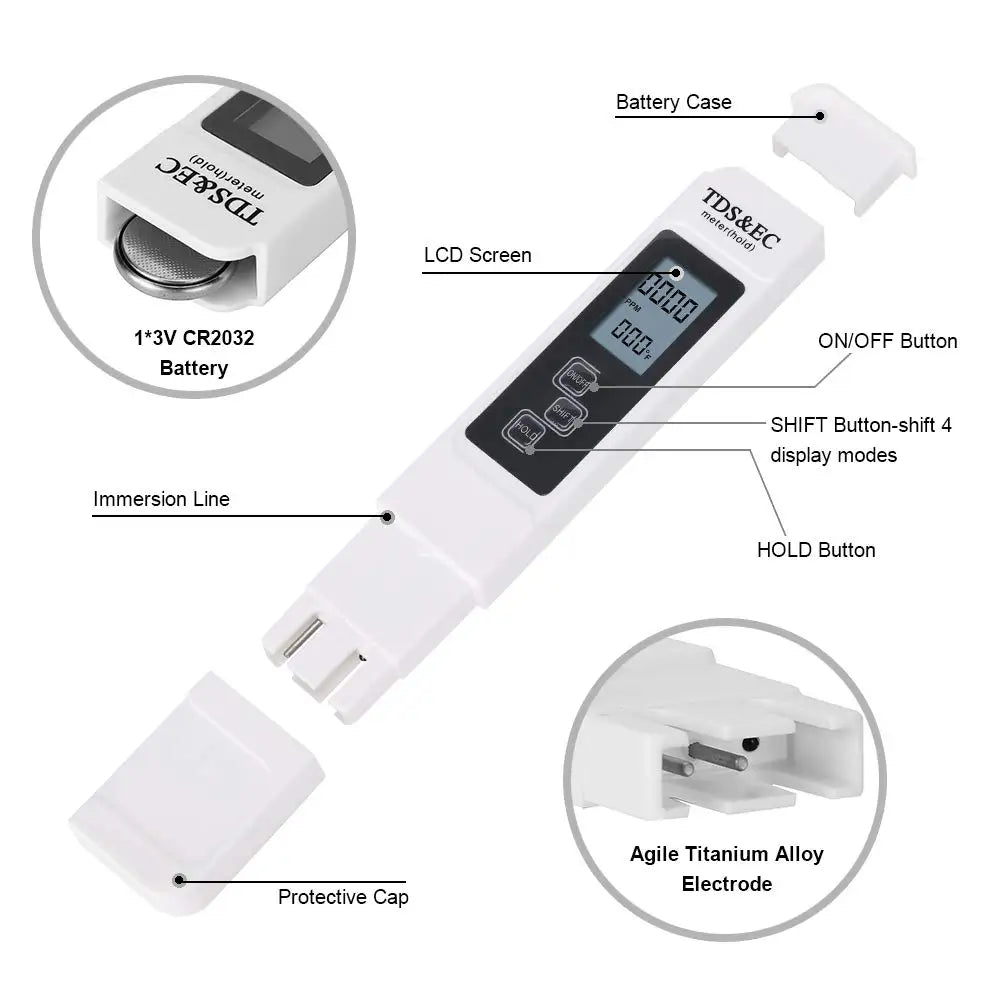 1PC White Digital Water Quality Tester TDS EC Meter Range 0 to 9990 Multifunctional Water Purity Temperature TEMP PPM Tester