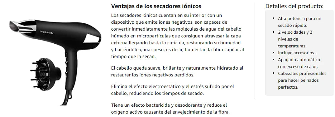 AIGOSTAR professional hair dryer ion, 2 speeds and 3 temperature settings, including diffuser and air concentrator nozzle, overheating protection.2400w