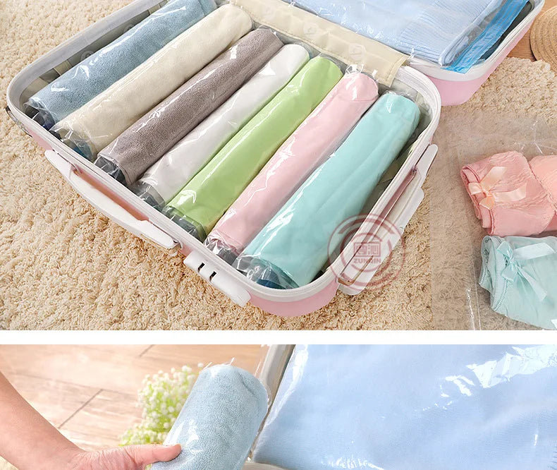 2023 Roll-Up Compression Vacuum Clothes Storage Bags Space Saver Foldable Travel Luggage Seal Pouch Home Package Packing Cube