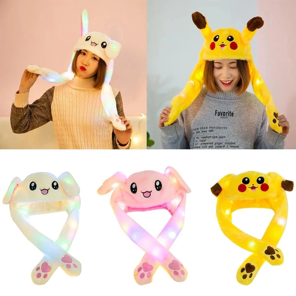 Bunny Ear Move Glowing Hat Pikachu Anime Rabbit Led Light Jumping Funny Plush Ear Moving Cartoon Hat for Kids Cosplay Party Cap