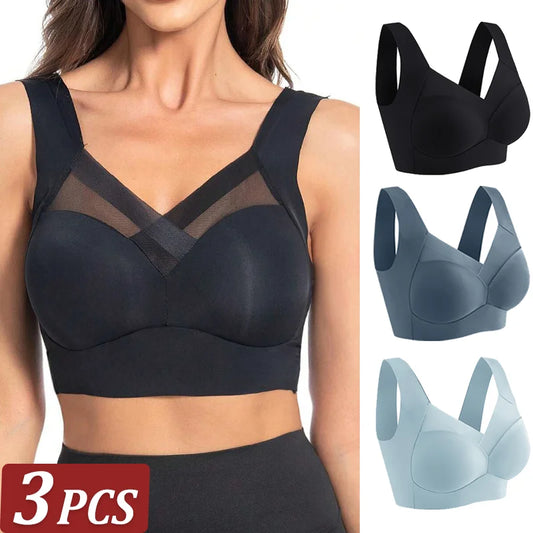 3Pcs Women Sport Bras Plus Size Seamless Lace Bra Bralette Backless Lady Brassiere Vest Female Gathers Shock-Proof Wireless Top