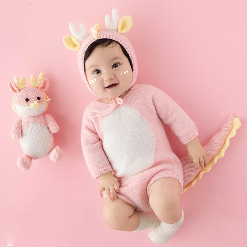 Baby Photography Clothes Lovely Knitted Dragon Outfit With Tail 3-5 Month Infant Photoshoot Props Sunflower Pillow Photo Prop