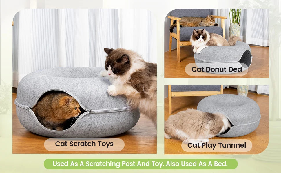 Cat Tunnel Peekaboo Cat Cave Bed for Indoor Cats Cat Donut Tunnel for Pet Cat House Cat Felt & Washable Interior Cat Play Tunnel