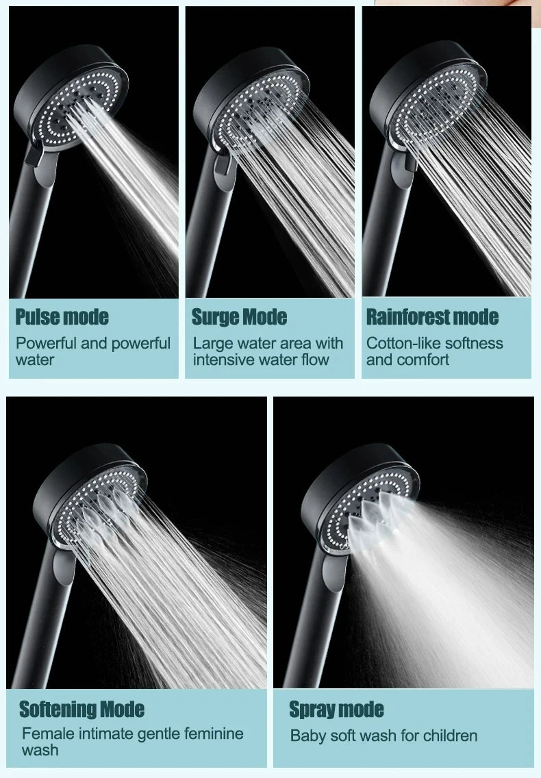 5 Modes Adjustable Rain Drenching Mode Black Bath Shower Head Head Water Saving High Pressure Showerhead Bathroom Accessories