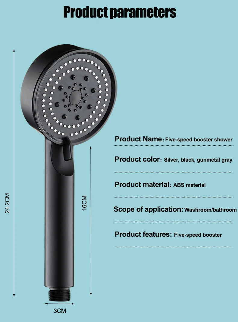 5 Modes Adjustable Rain Drenching Mode Black Bath Shower Head Head Water Saving High Pressure Showerhead Bathroom Accessories