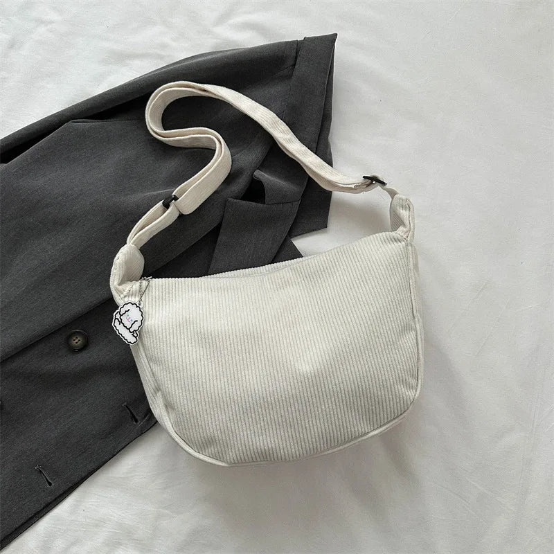 Black Corduroy Bags for Women Japanese Canvas Large Single Shoulder Crossbody Dumpling Bag Student Korean Casual Simple Handbag