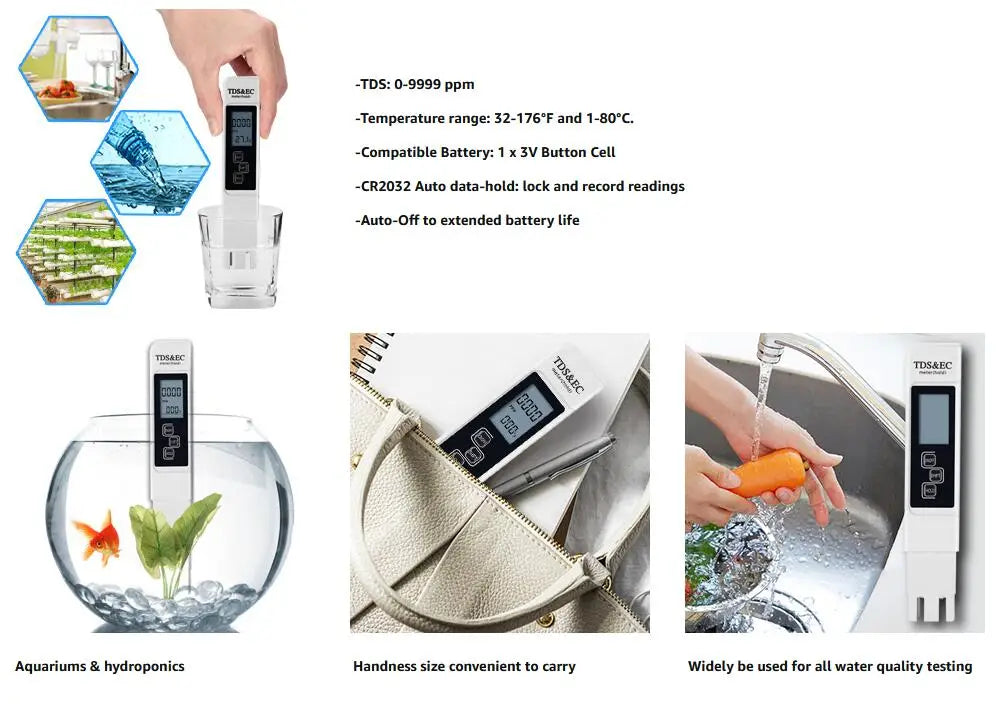 1PC White Digital Water Quality Tester TDS EC Meter Range 0 to 9990 Multifunctional Water Purity Temperature TEMP PPM Tester