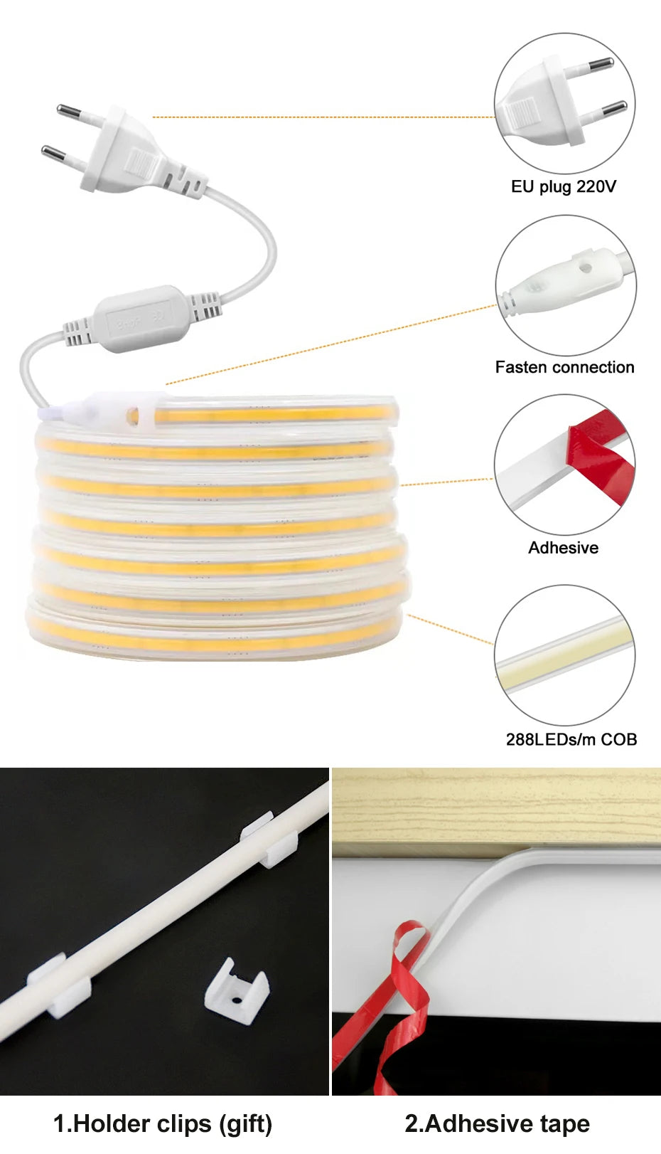 220v Led Ribbon Adhesive High Brightness COB Led Strip for Room Waterproof Led Strip Flexible Ribbon for Outdoor Garden Lighting