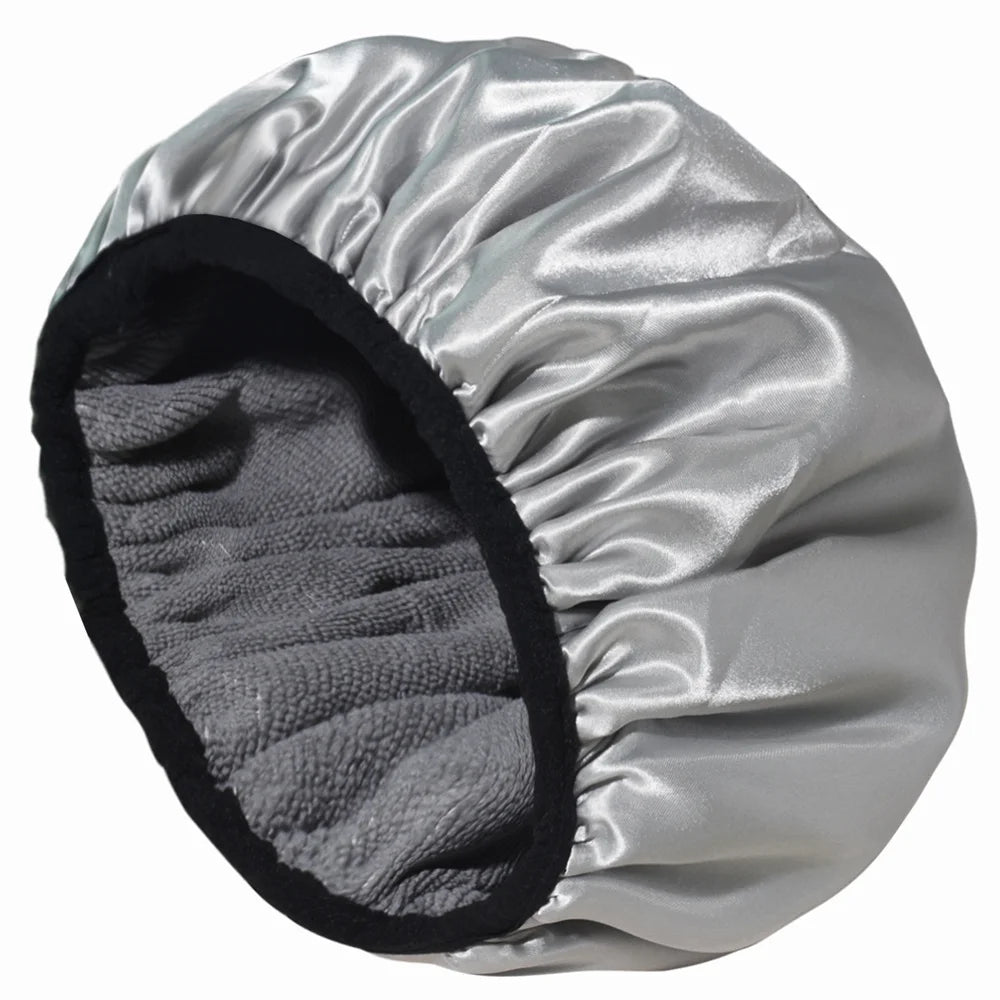 Adjustable Double Layer Satin Bonnet Nightcap Doubleside Women Round Shower Caps Night Sleep Polyester Hat Solid Black Lining