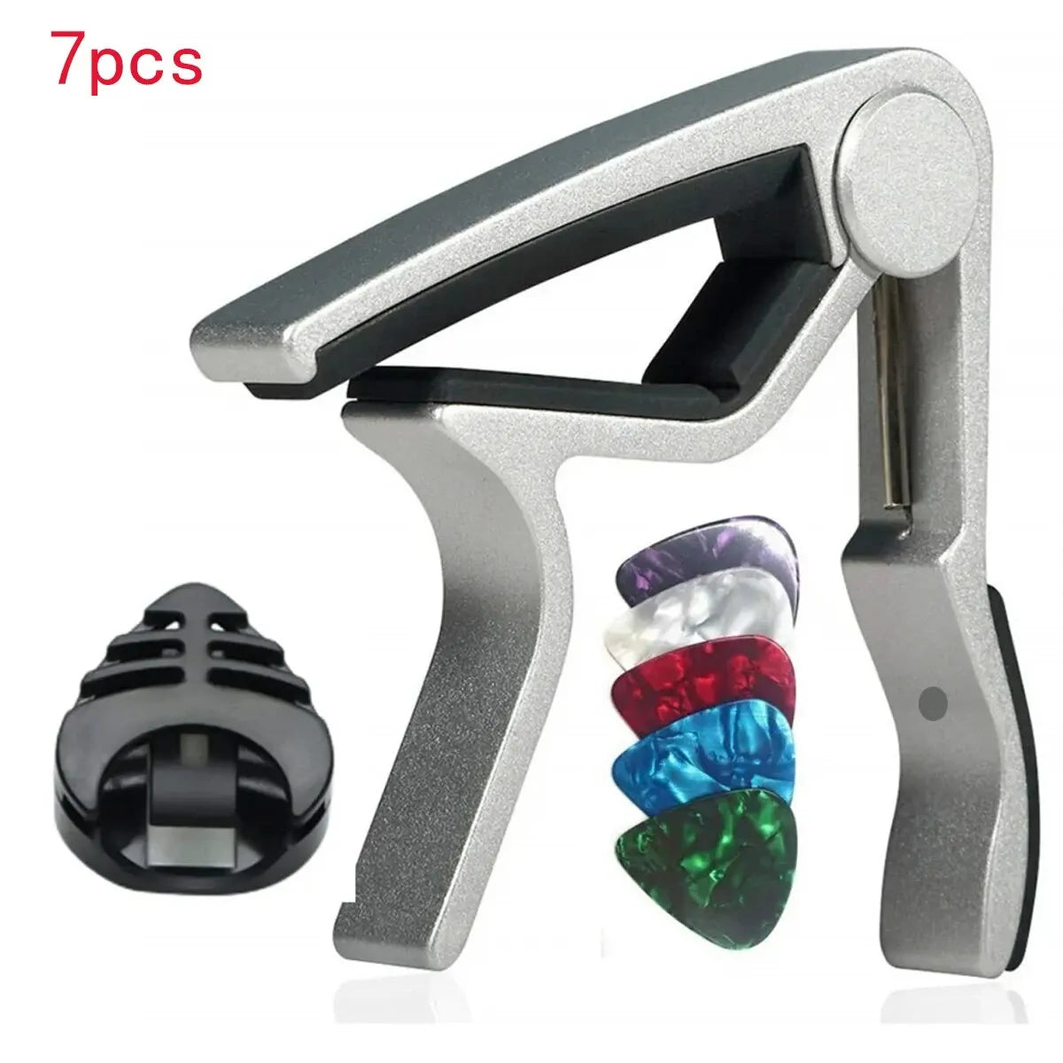 7pcs Guitar Capo for Acoustic And Electric Guitars With 5 Picks for Free And 1 Holder,Black; Silver