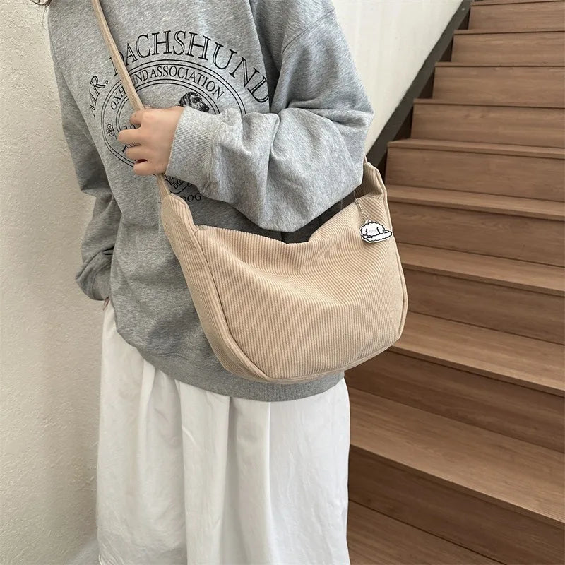 Black Corduroy Bags for Women Japanese Canvas Large Single Shoulder Crossbody Dumpling Bag Student Korean Casual Simple Handbag