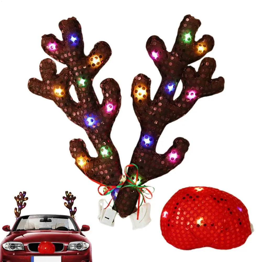 Car Antler Decoration Reindeer Christmas Decoration Kit with LED Light Up Car Truck Vehicle Costume Christmas Antler Deer Decor