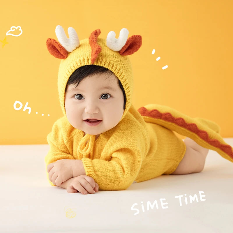 Baby Photography Clothes Lovely Knitted Dragon Outfit With Tail 3-5 Month Infant Photoshoot Props Sunflower Pillow Photo Prop