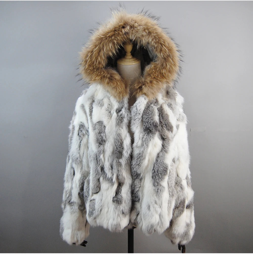 2025 Russian Women Real Rabbit Fur Coats Winter Warm 100% Natural Rabbit Fur Jacket Lady Warm With Raccoon Fur Hooded Outerwear