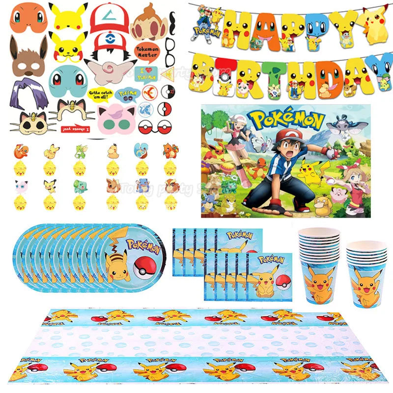 Cartoon Pikachu Theme Birthday Party Disposable Tableware Set Balloons Decorations Photo Props Background Pokemon Party Supplies