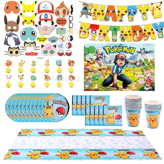 Cartoon Pikachu Theme Birthday Party Disposable Tableware Set Balloons Decorations Photo Props Background Pokemon Party Supplies