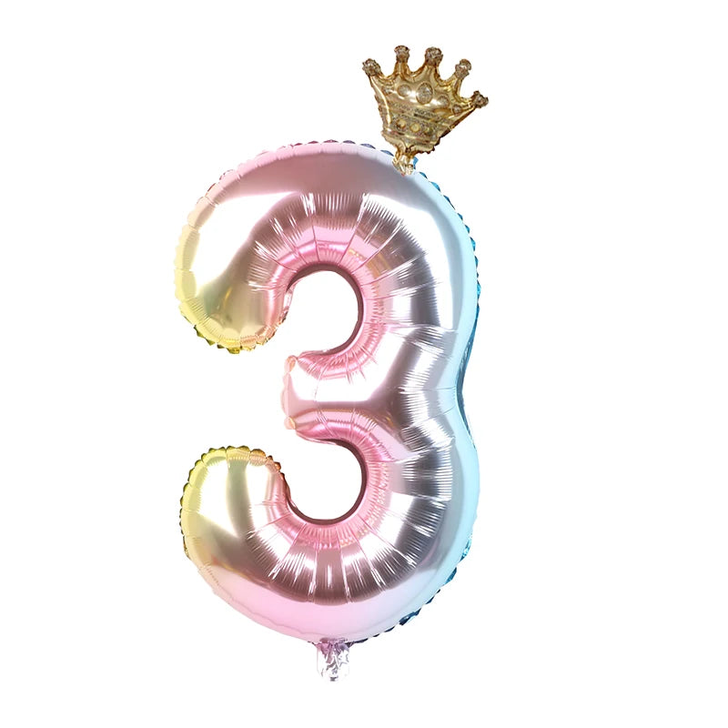 2pcs 32inch Rainbow Number Foil Balloons with Crown for Kids Boy Girl 1st Birthday Party Decorations Rose Gold Figures Globos