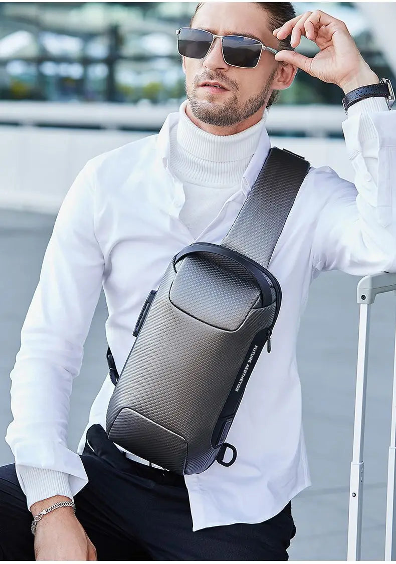 BANGE Upgraded  Chest Bag Pack Men Waterproof Multifunction Carbon Fiber Pattern Crossbody Bag USB Sling Shoulder Bags Messenger