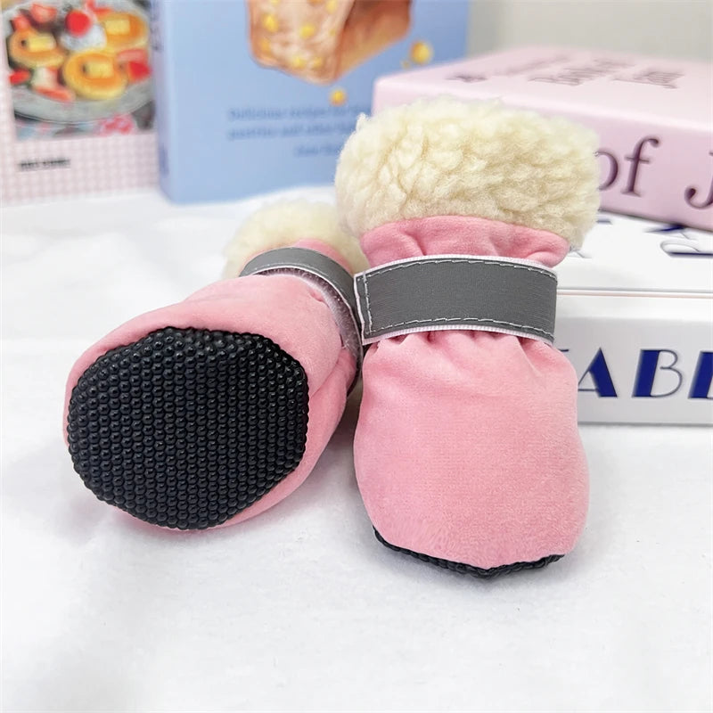 4Pcs/Lot Winter Thick Warm Dog Shoes Soft Plush Non-slip Waterproof Snow Boot Puppy Outdoor Walking Shoes Pet Accessories