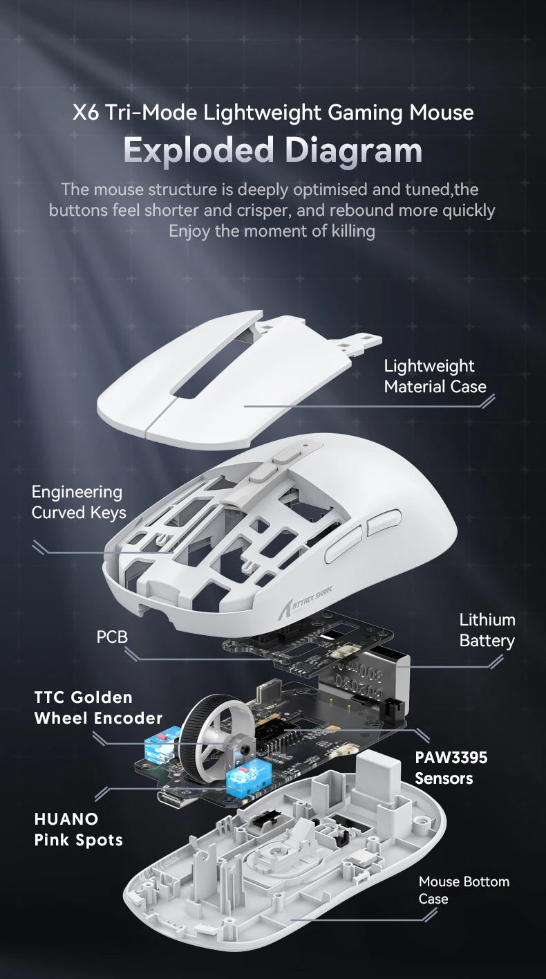 Attack Shark X6 PAW3395 Bluetooth Mouse,Tri-Mode Connection,RGB Touch Magnetic Charging Base,Macro Gaming Mouse