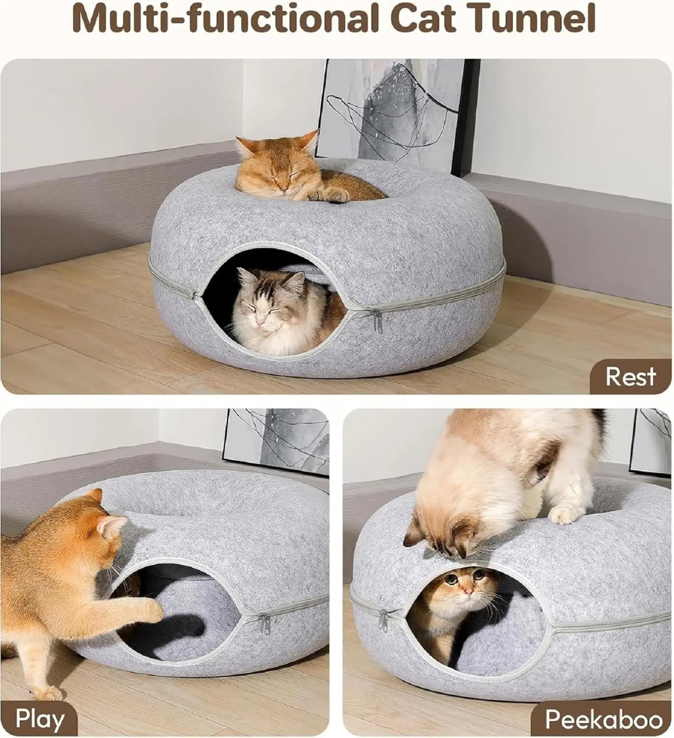 Cat Tunnel Peekaboo Cat Cave Bed for Indoor Cats Cat Donut Tunnel for Pet Cat House Cat Felt & Washable Interior Cat Play Tunnel