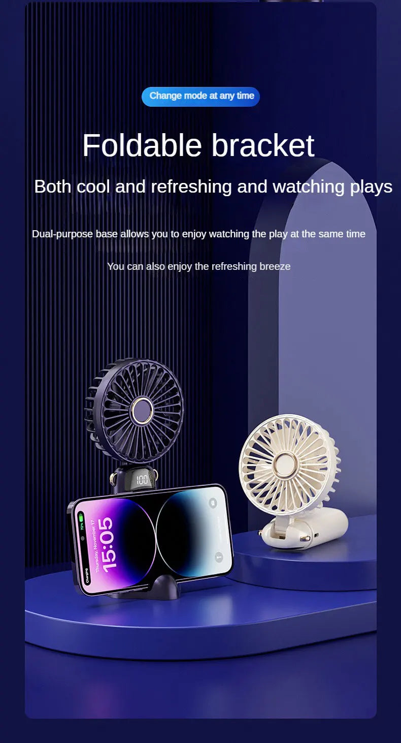 4000mAh Handheld Mini Fan Foldable Portable Neck Hanging Fans 5 Speed USB Rechargeable Fan with Phone Stand and Display Screen