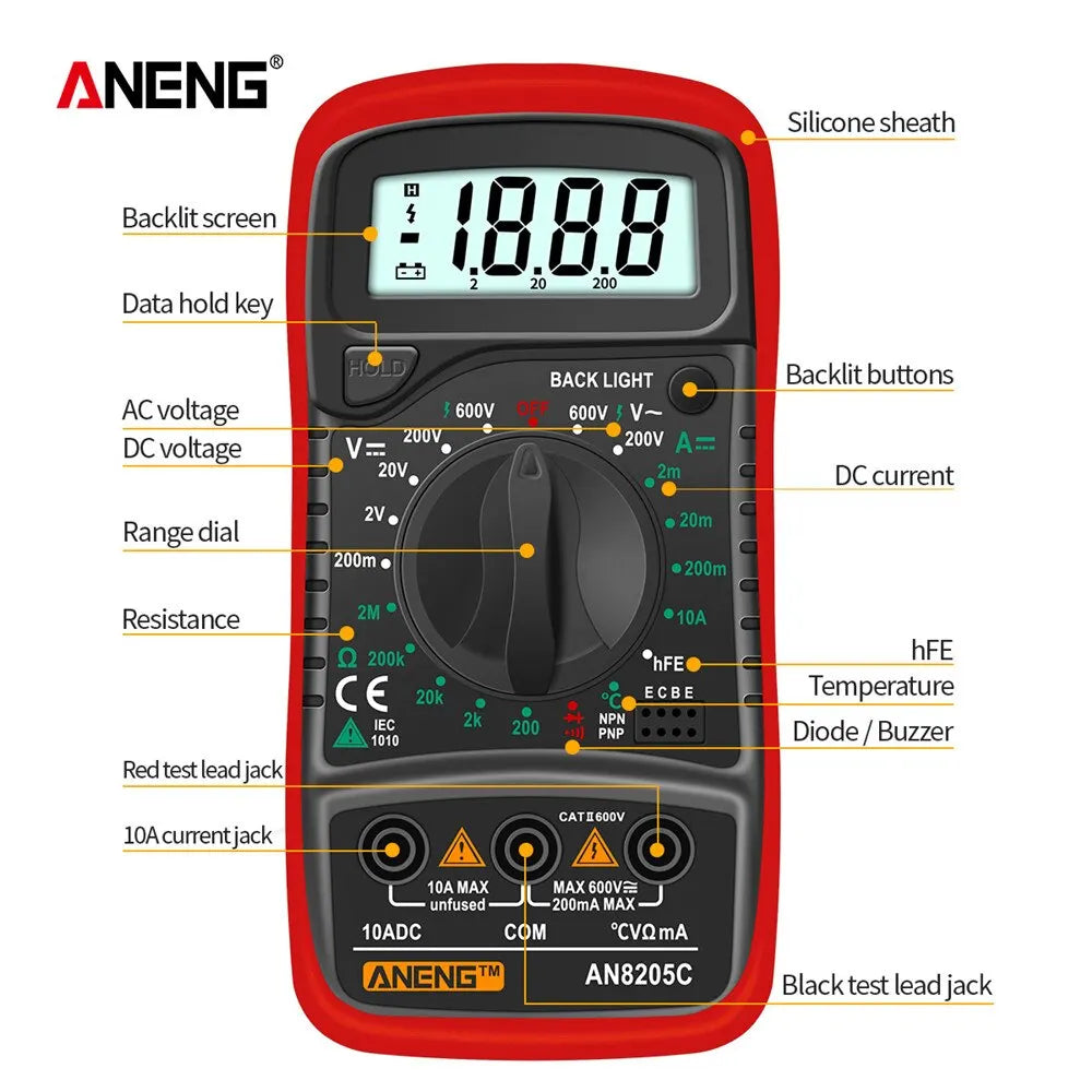 ANENG AN8205C Digital Multimeter AC/DC Ammeter Volt Ohm Multimetro Tester Meter With Thermocouple LCD Backlight Portable