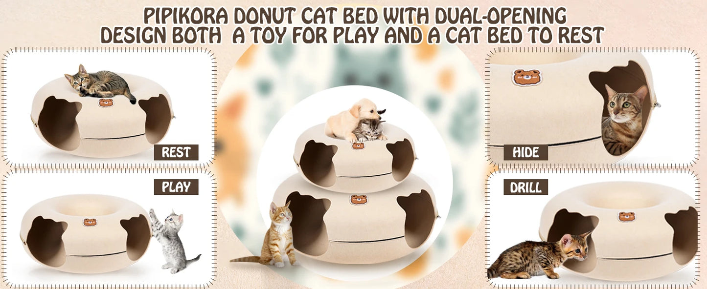 Cat Tunnel Bed for Cats Peekaboo Cat Cave Dual-Opening Cat Cave for Medium Large Cats Scratchable Donut Cat Bed Cat Donut Tunnel