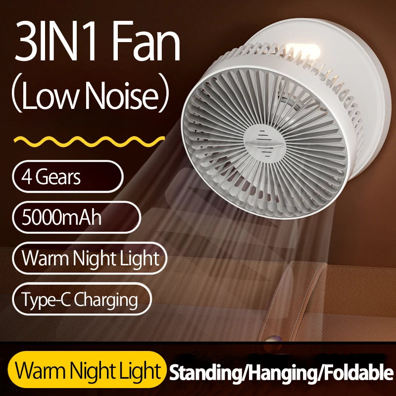 2024 New 5000mAh Rechargeable Table Fan Portable Air Conditioner Wall Mounted Fan 90° Folding Fan 4 Gears with Warm Night Light