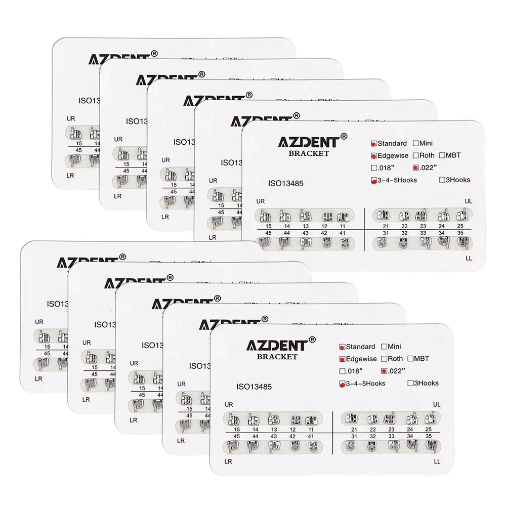 AZDENT 10Packs Dental Brackets Orthodontic Brace Metal Mini Standard Roth MBT Slot 0.022 0.018 Hooks 3-4-5 20pcs per Pack