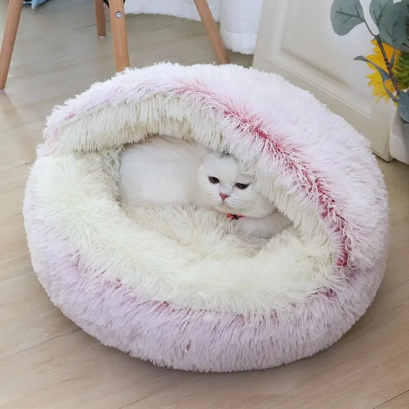 1PC Cat Beds Round Soft Plush Burrowing Cave Hooded Cat Bed Donut for Dogs Cats Comfortable Self Warming Dog Bed Pet Accessories