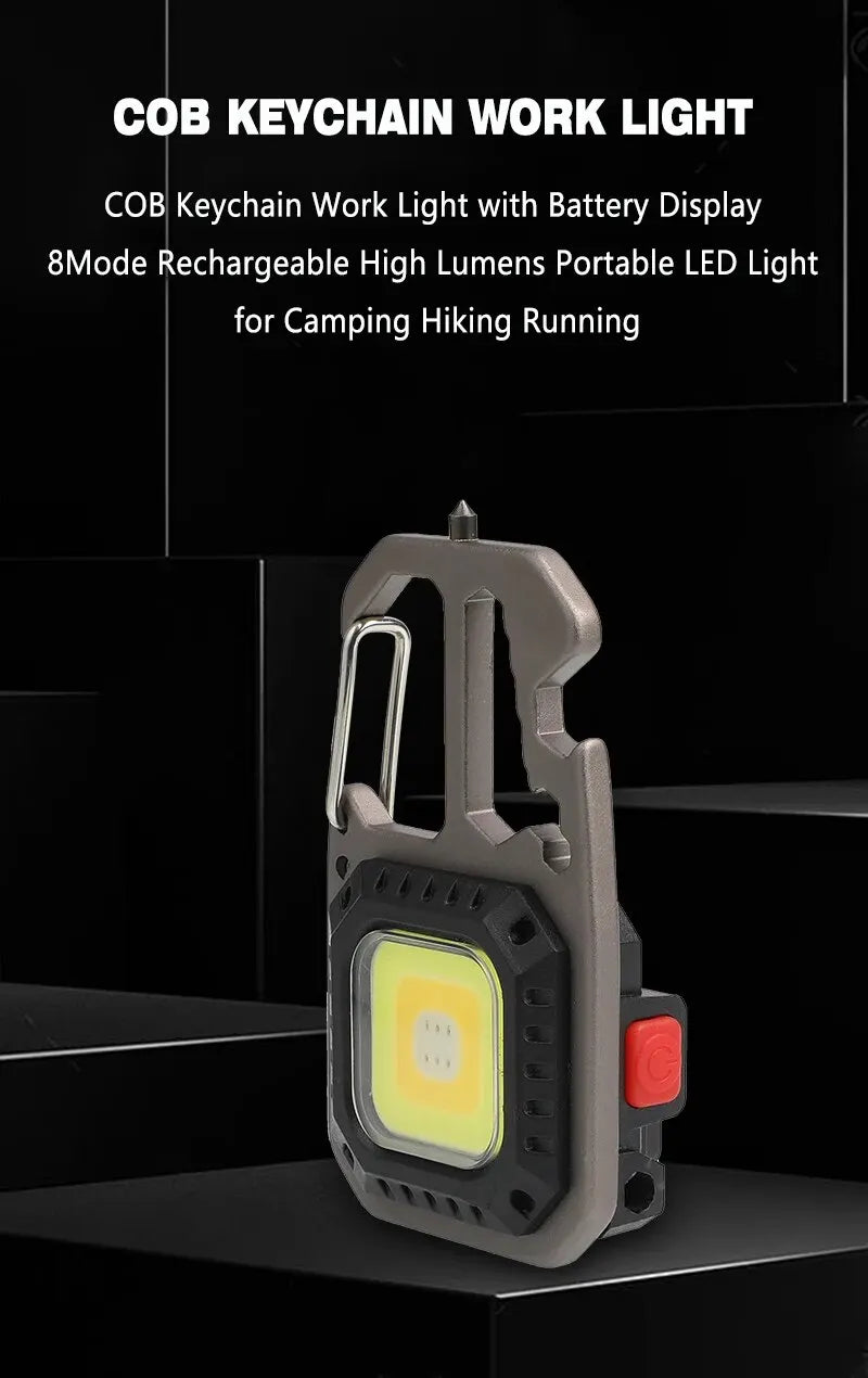 COB Keychain Work Light with Battery Display 8Mode Rechargeable High Lumens Portable LED Light for Camping Hiking Running