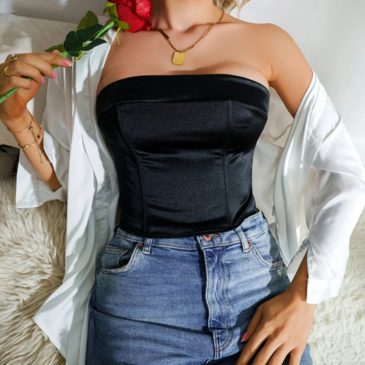 2024 New Summer Retro Fashion Women Clothes Black Tube Bra Tops Women Corset Wrapping Strapless Bustier Haut Femme Clothing