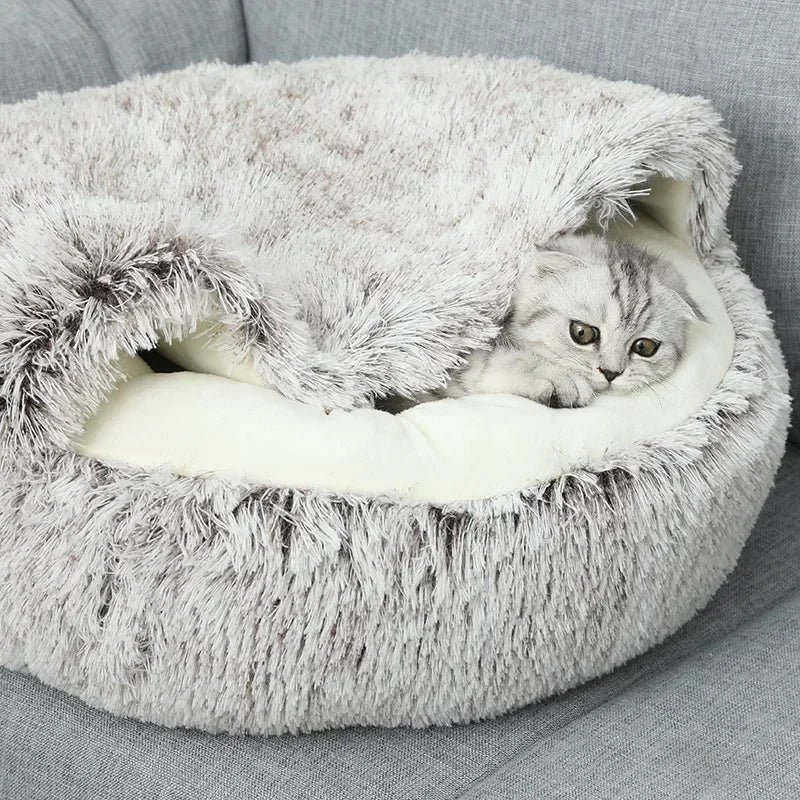 1PC Cat Beds Round Soft Plush Burrowing Cave Hooded Cat Bed Donut for Dogs Cats Comfortable Self Warming Dog Bed Pet Accessories