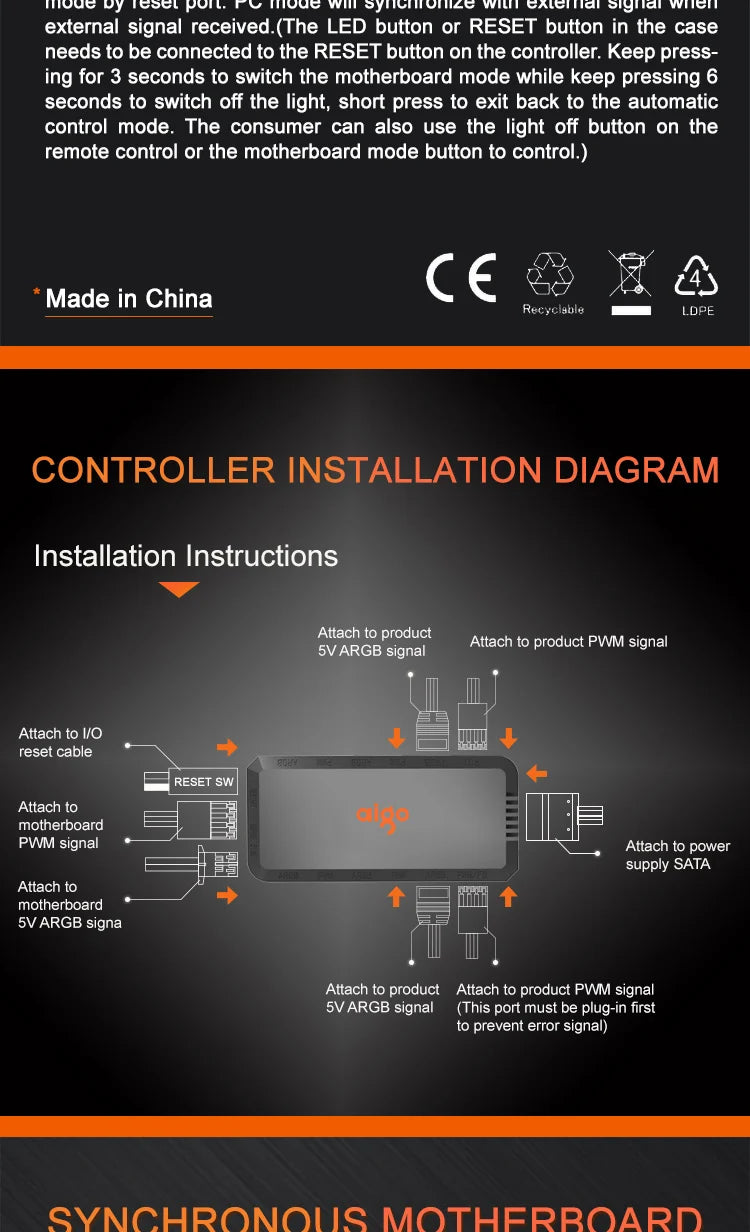 Aigo APC1 4Pin PWM 6 ARGB Ports 3Pin 5v Speed Controller Universal Computer Regulator PC Case Cooling Fan Hub remote control