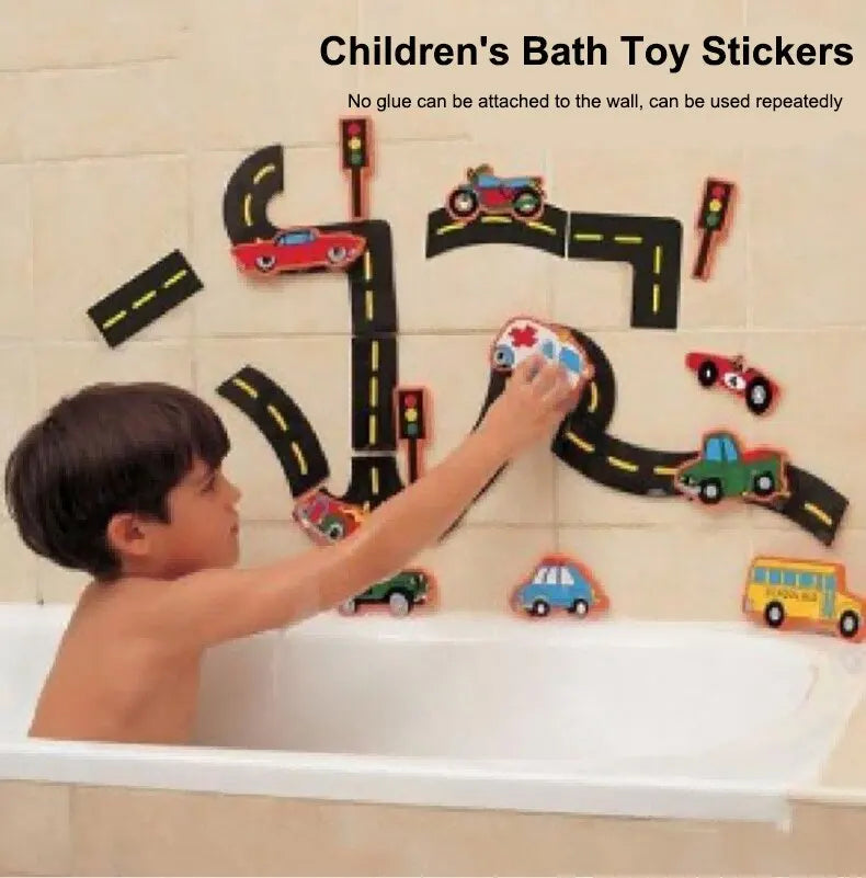 23 Pieces Bath Water Toy Sticky Wall City Traffic Car Road Rail Puzzle Vinyl 0-3Y 3-6Y 6-12Y 12+y 14+Y Bath Features