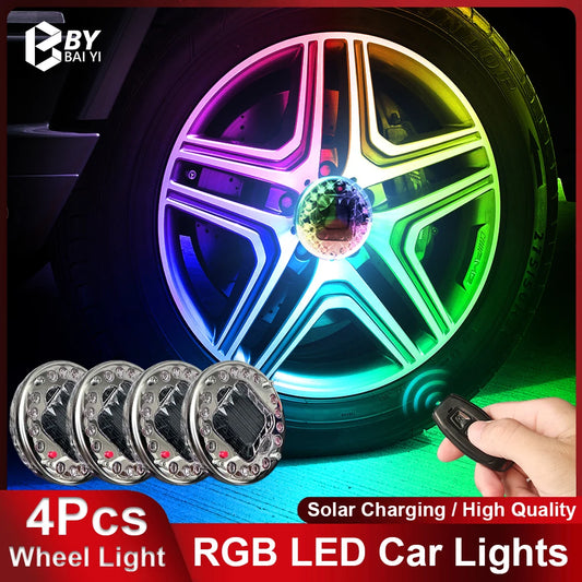 4Pcs LED Car Wheel Lights RGB Car Ambient Light Remote Control 7 Color Flash Wheel Hub Lamp Solar Charging Neon  Car Accessories