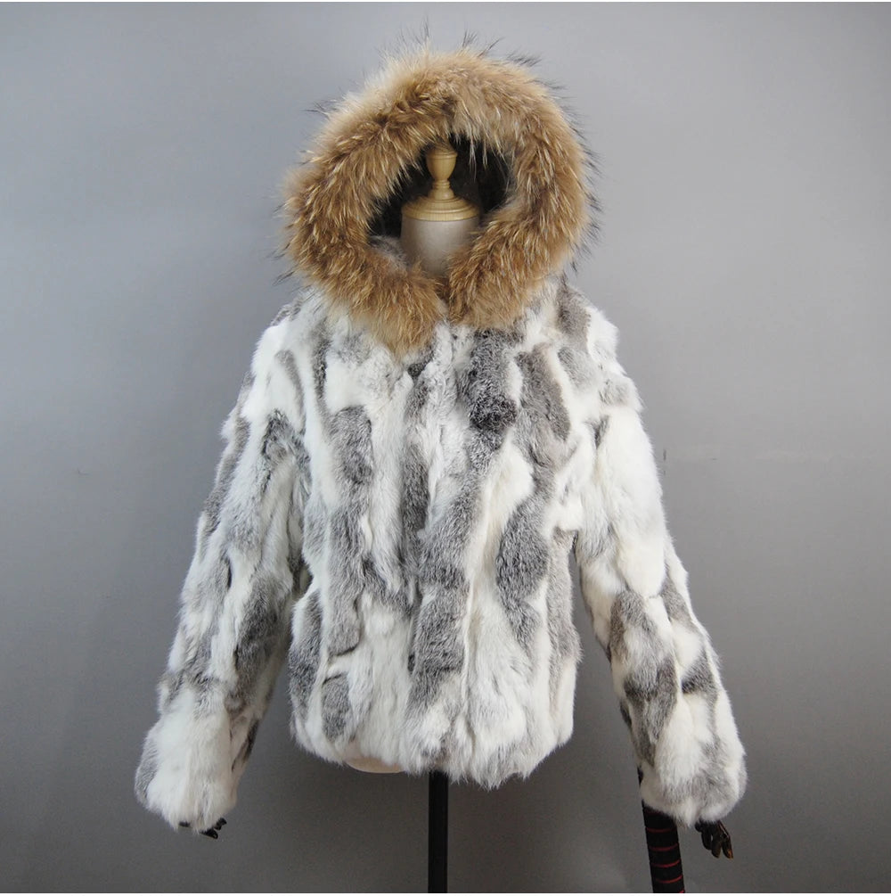 2025 Russian Women Real Rabbit Fur Coats Winter Warm 100% Natural Rabbit Fur Jacket Lady Warm With Raccoon Fur Hooded Outerwear