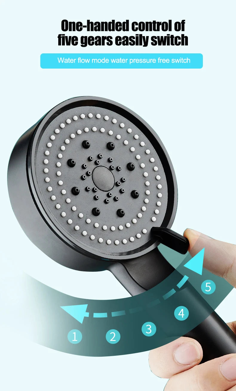 5 Modes Adjustable Rain Drenching Mode Black Bath Shower Head Head Water Saving High Pressure Showerhead Bathroom Accessories